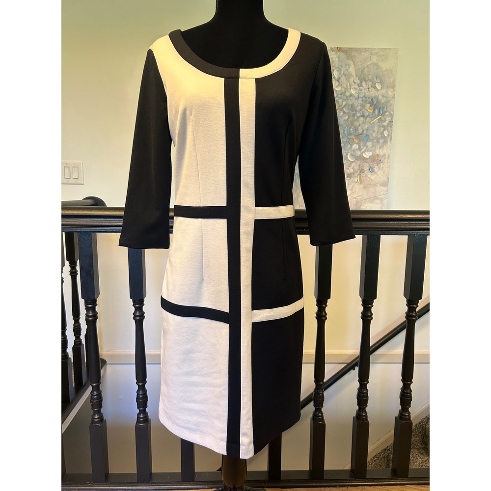 Cartise Womens Black White Colorblock Grid Mod Sheath Dress Size 8 3/4 Sleeve